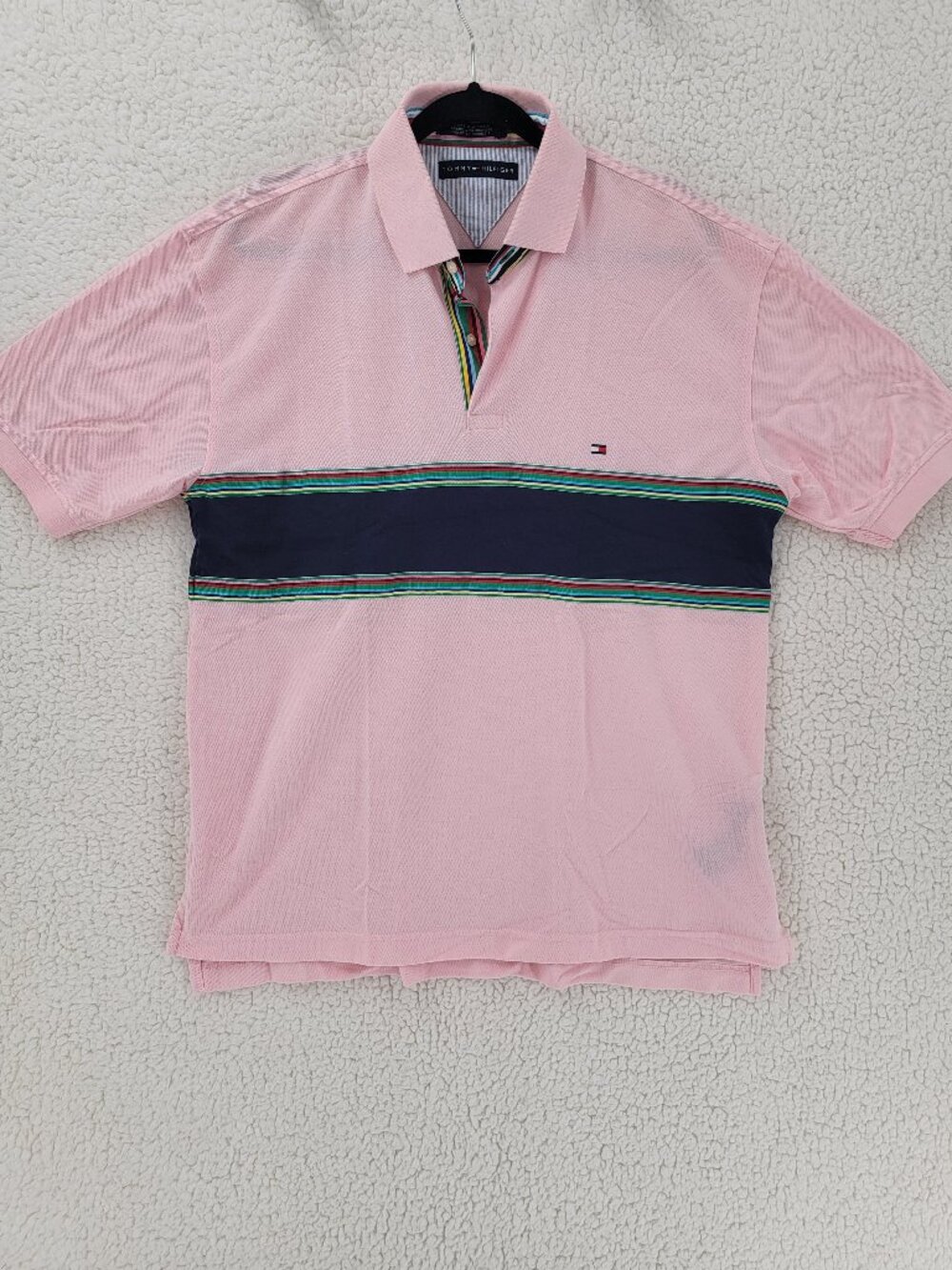 Tommy Hilfiger Men's Pink Polo Shirt Navy Chest Stripe Large L Short Sleeve